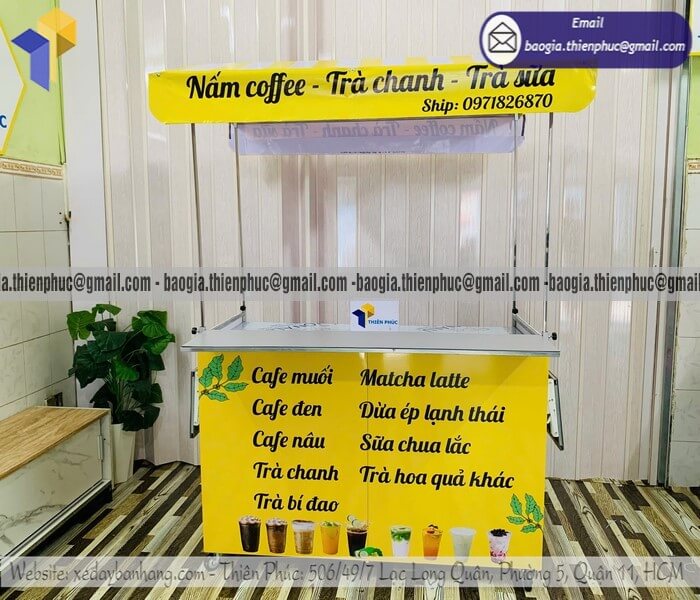 Đặt kệ đẩy bán trà chanh di động gấp xếp ngoài trời