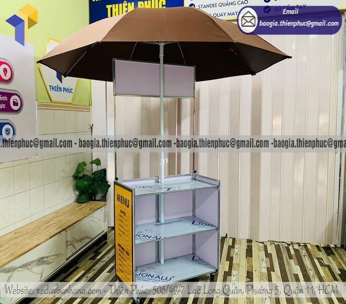 Xe đẩy bán cafe take away lề đường gấp gọn có dù che cho quán mở rộng bán mang đi