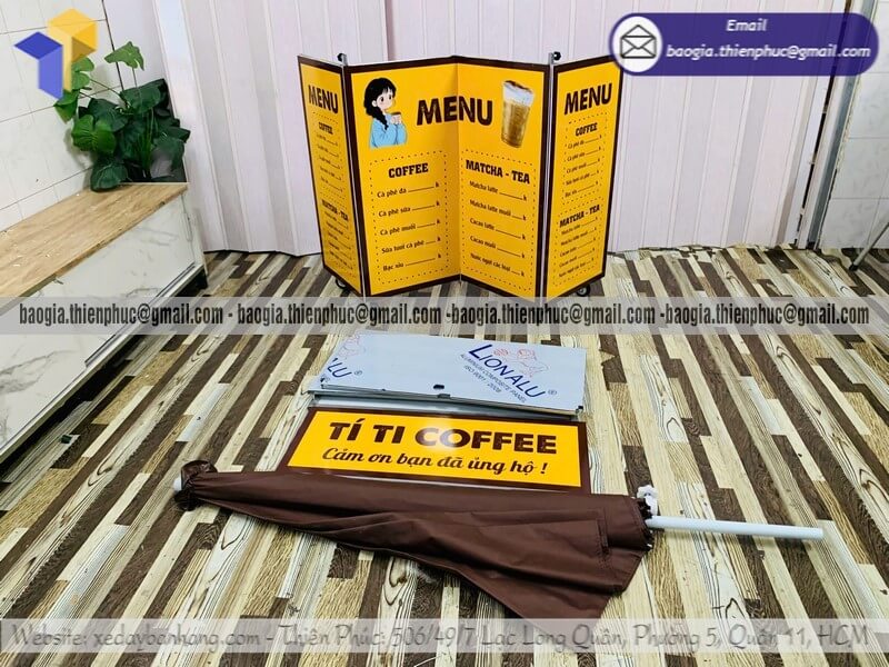 Xe đẩy bán cafe take away lề đường gấp gọn có dù che chuyên nghiệp hỗ trợ thiết kế và bán hàng toàn quốc