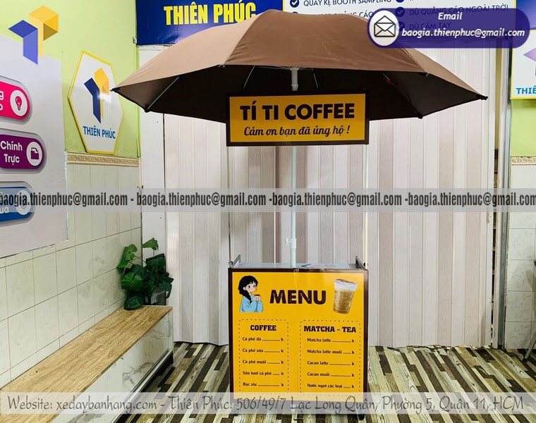 Xe đẩy bán cafe take away lề đường gấp gọn có dù che